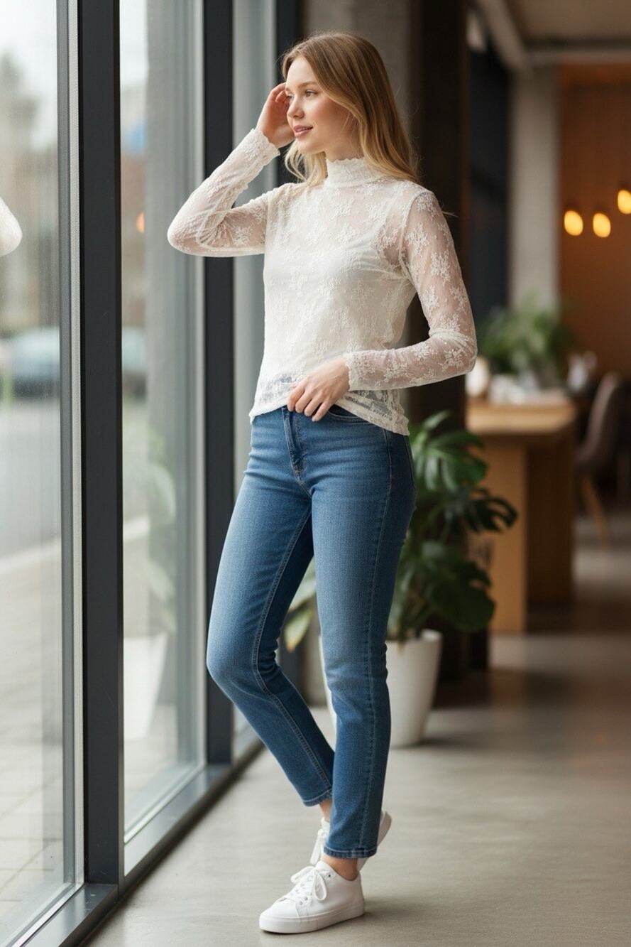 Free People Lace Sheer Long Sleeve Mock Neck Blouse Cream Size XL Romantic